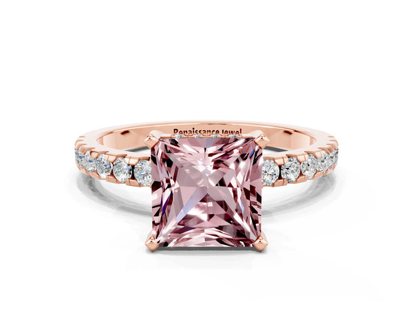 10K Rose Gold Morganite Solitaire Ring with Round Pavé Band and Four-Prong Setting