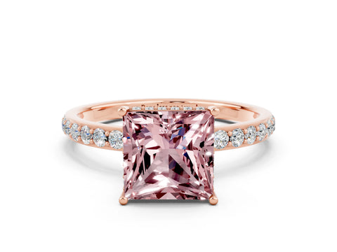 Rose gold Princess Cut Morganite Solitaire Ring with Pavé Band and Hidden Halo_12