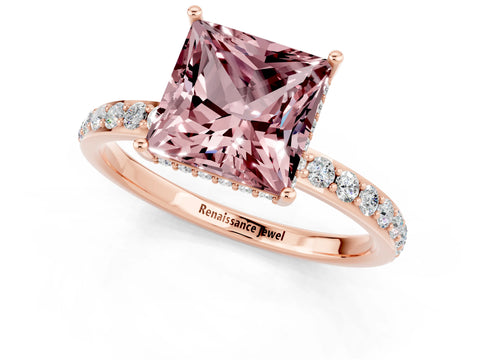 Rose gold Princess Cut Morganite Solitaire Ring with Pavé Band and Hidden Halo_13