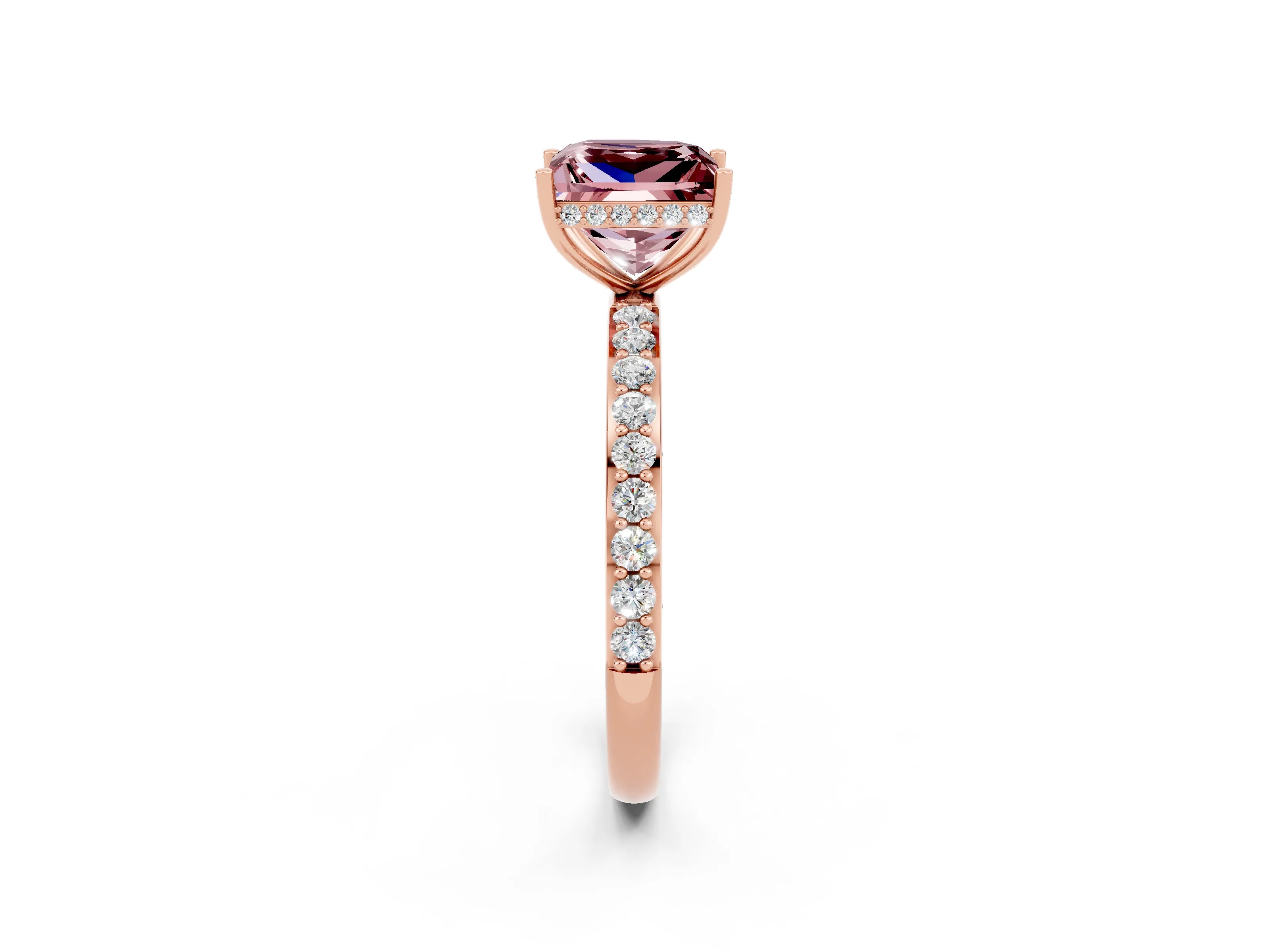 Rose gold Princess Cut Morganite Solitaire Ring with Pavé Band and Hidden Halo_14
