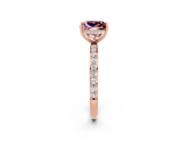 Rose gold Princess Cut Morganite Solitaire Ring with Pavé Band and Hidden Halo