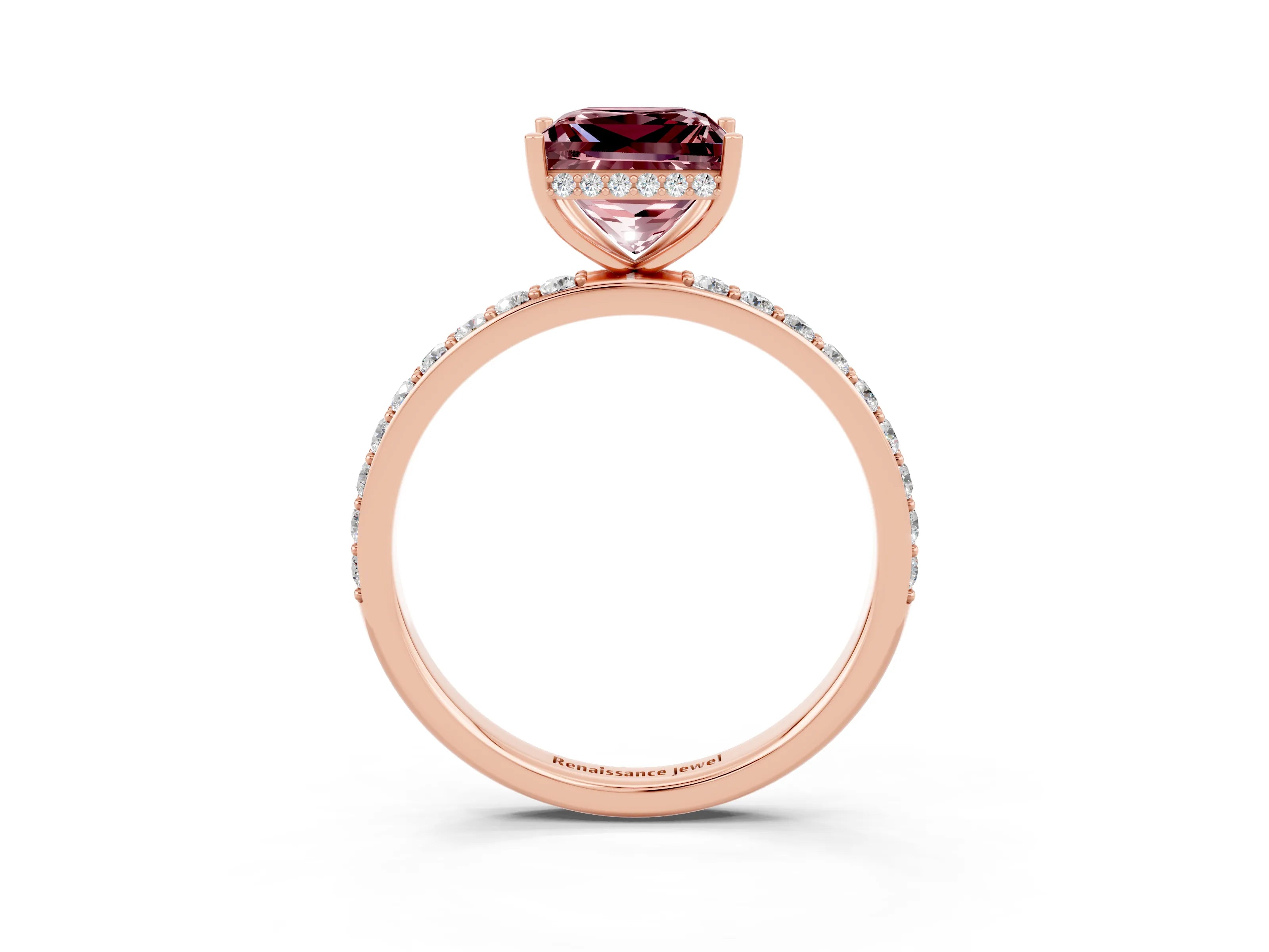 Rose gold Princess Cut Morganite Solitaire Ring with Pavé Band and Hidden Halo_15