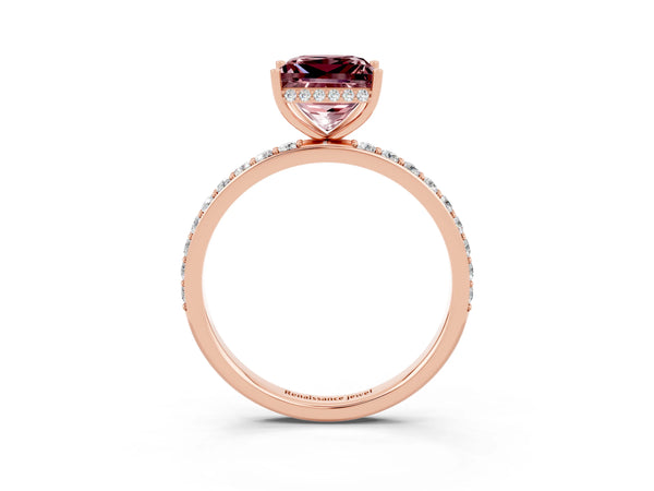 Rose gold Princess Cut Morganite Solitaire Ring with Pavé Band and Hidden Halo