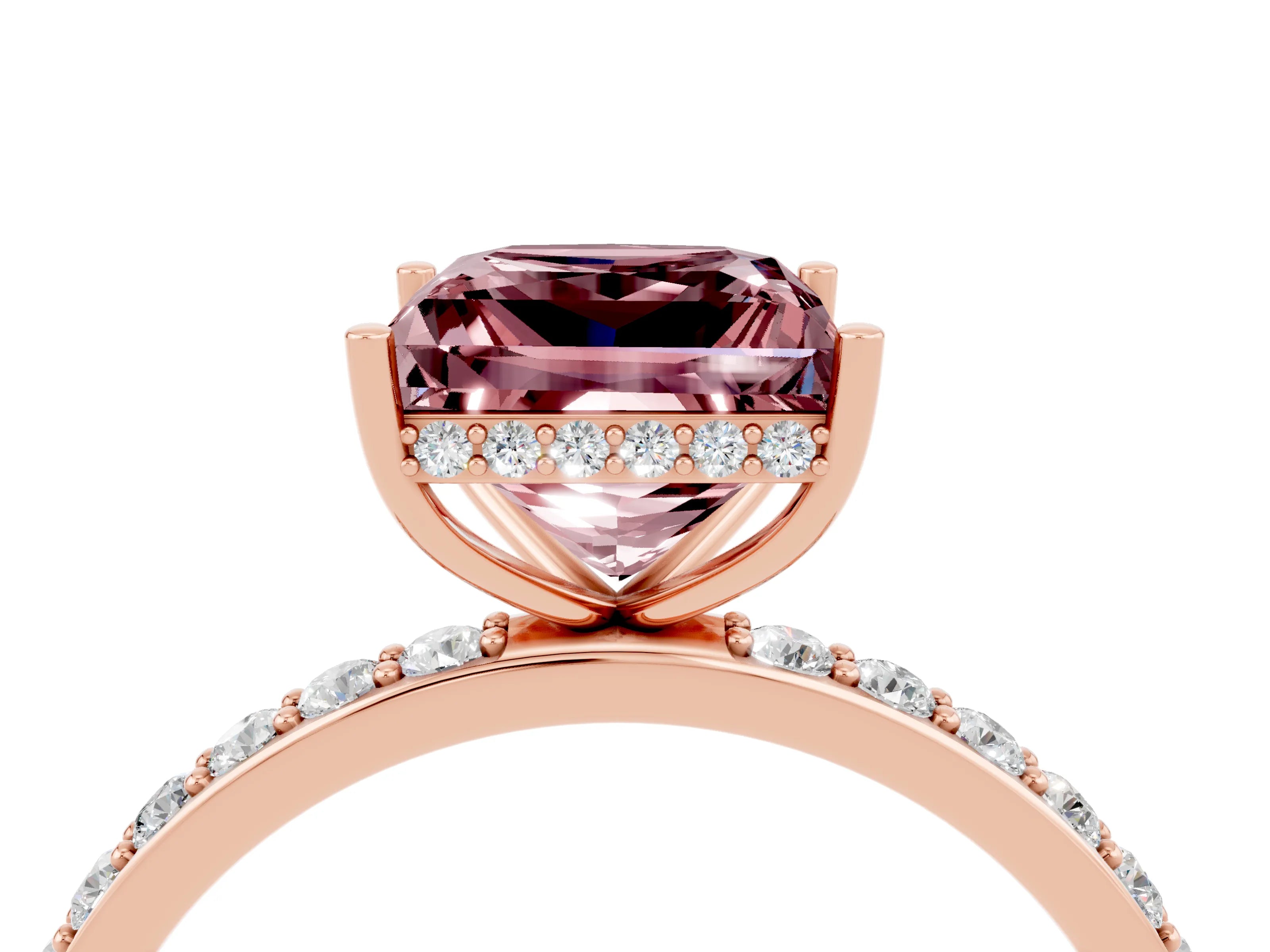 Rose gold Princess Cut Morganite Solitaire Ring with Pavé Band and Hidden Halo_16