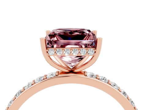 Rose gold Princess Cut Morganite Solitaire Ring with Pavé Band and Hidden Halo_16