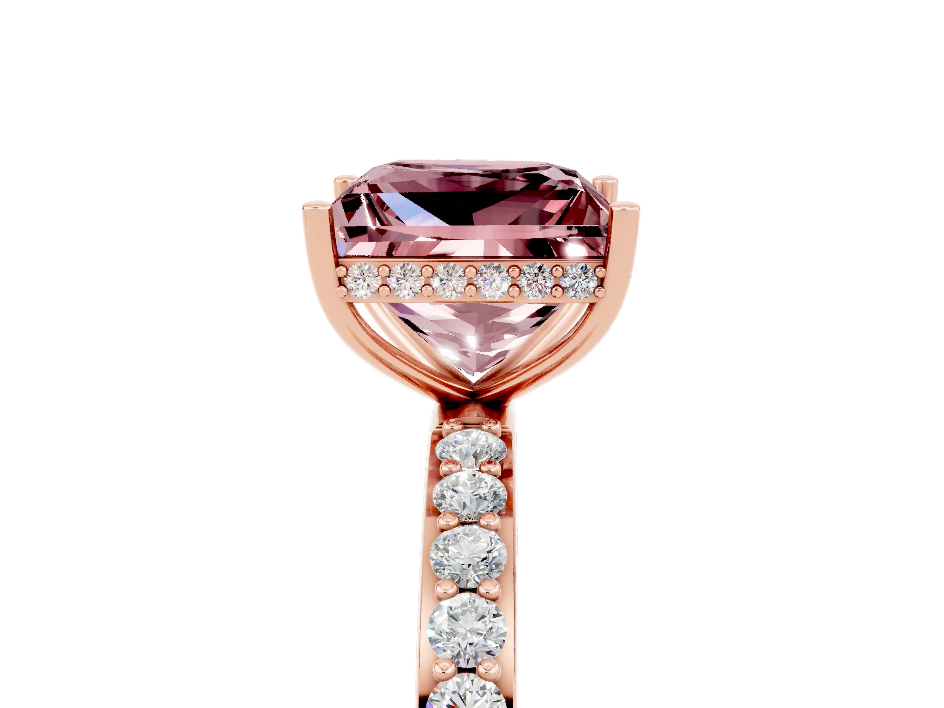 Rose gold Princess Cut Morganite Solitaire Ring with Pavé Band and Hidden Halo_17
