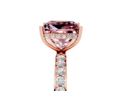 Rose gold Princess Cut Morganite Solitaire Ring with Pavé Band and Hidden Halo_17