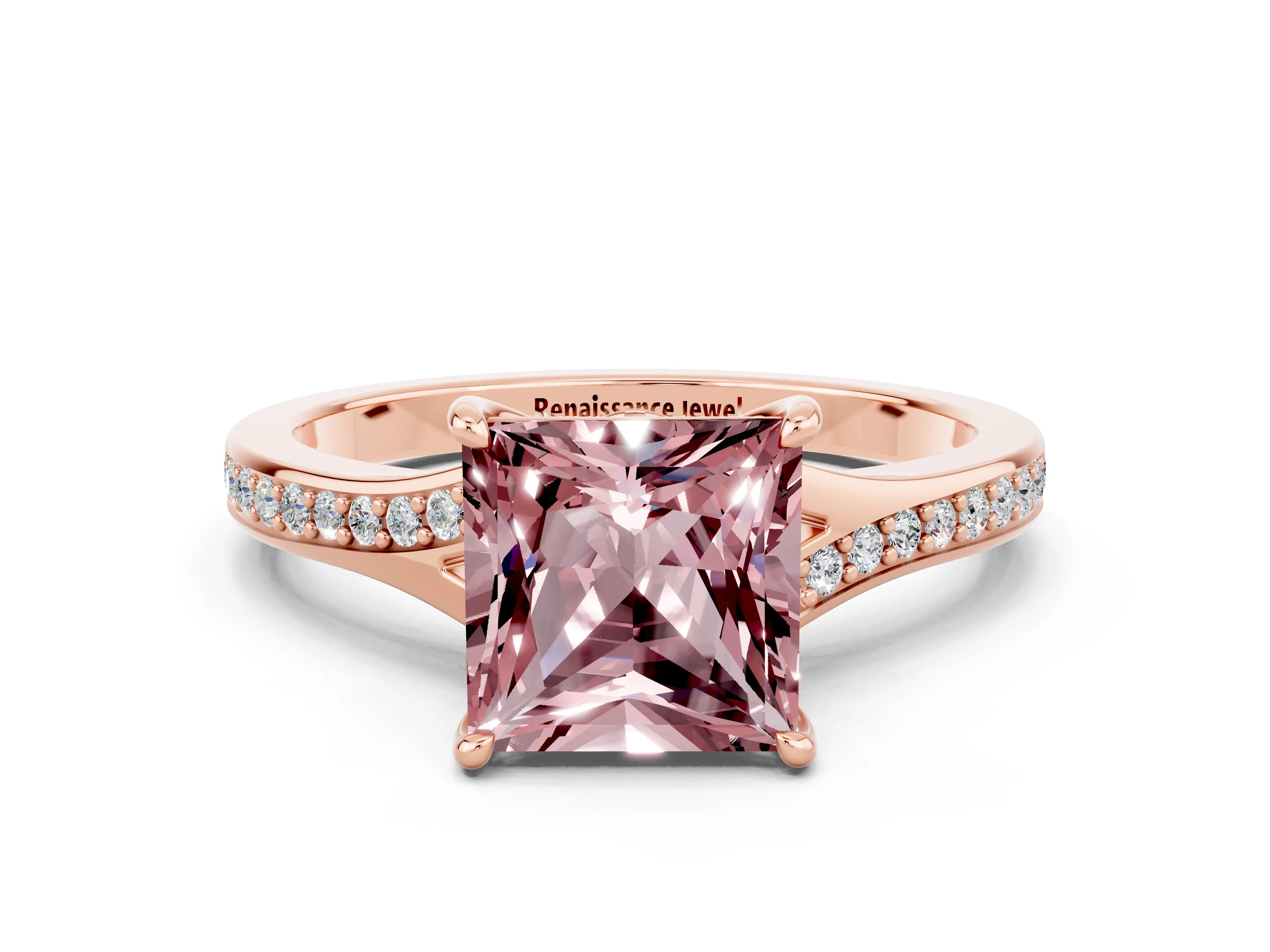 Rose gold Princess Cut Morganite Solitaire Ring with Pavé Band and Prong Setting