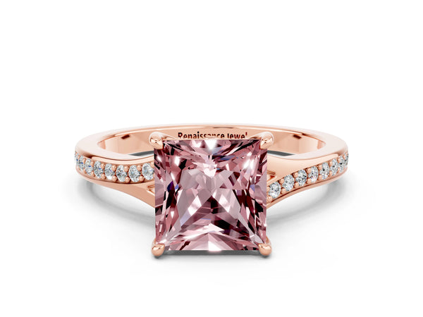 Rose gold Princess Cut Morganite Solitaire Ring with Pavé Band and Prong Setting