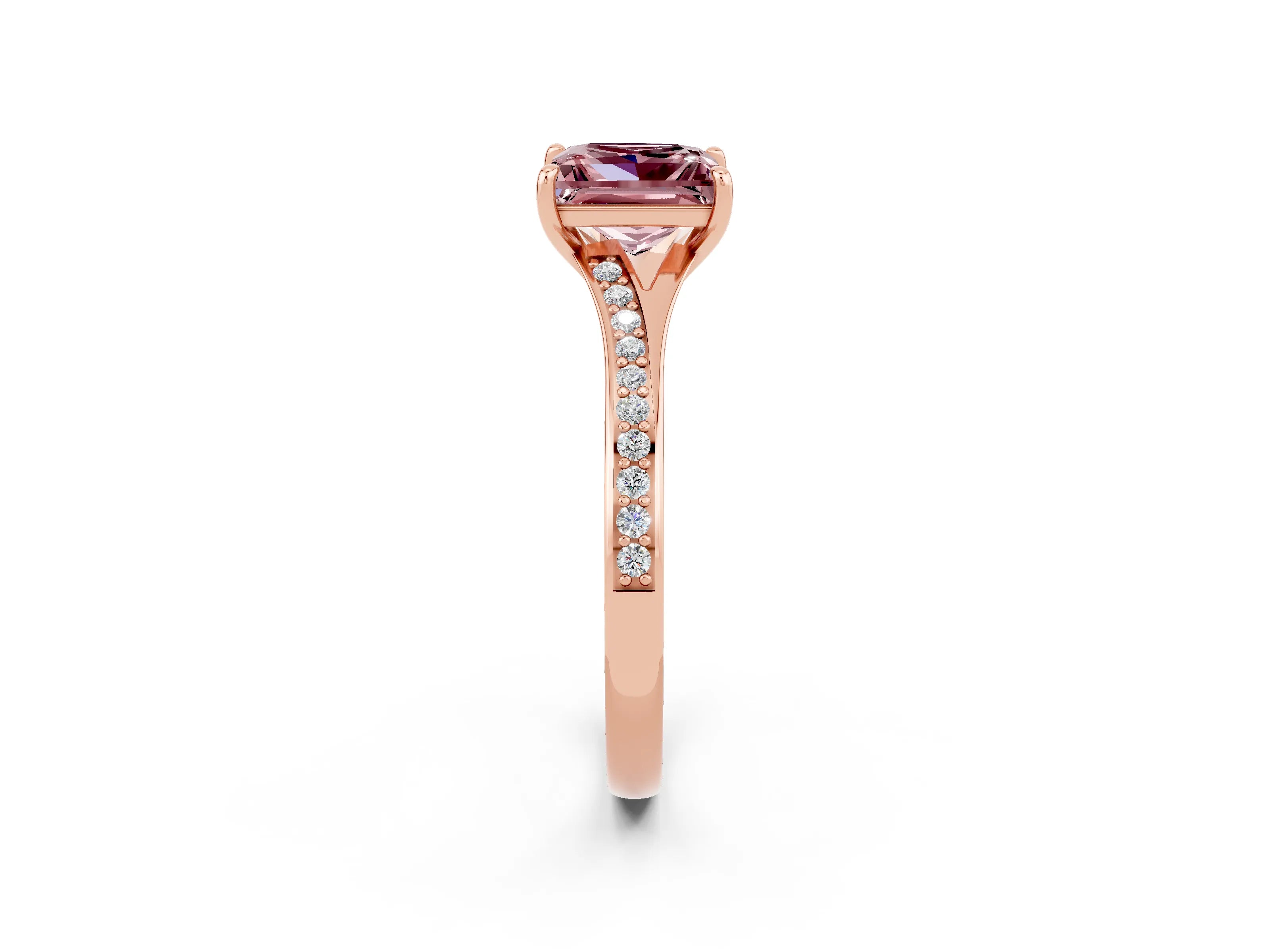 Rose gold Princess Cut Morganite Solitaire Ring with Pavé Band and Prong Setting_2