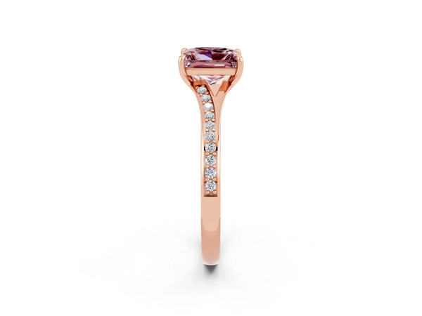 Rose gold Princess Cut Morganite Solitaire Ring with Pavé Band and Prong Setting