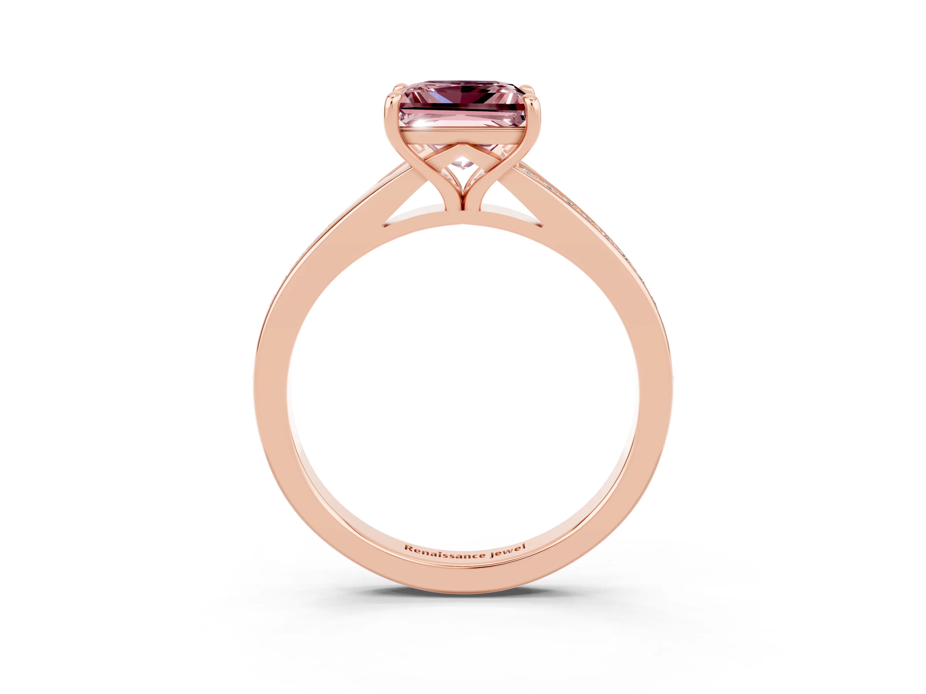 Rose gold Princess Cut Morganite Solitaire Ring with Pavé Band and Prong Setting_3