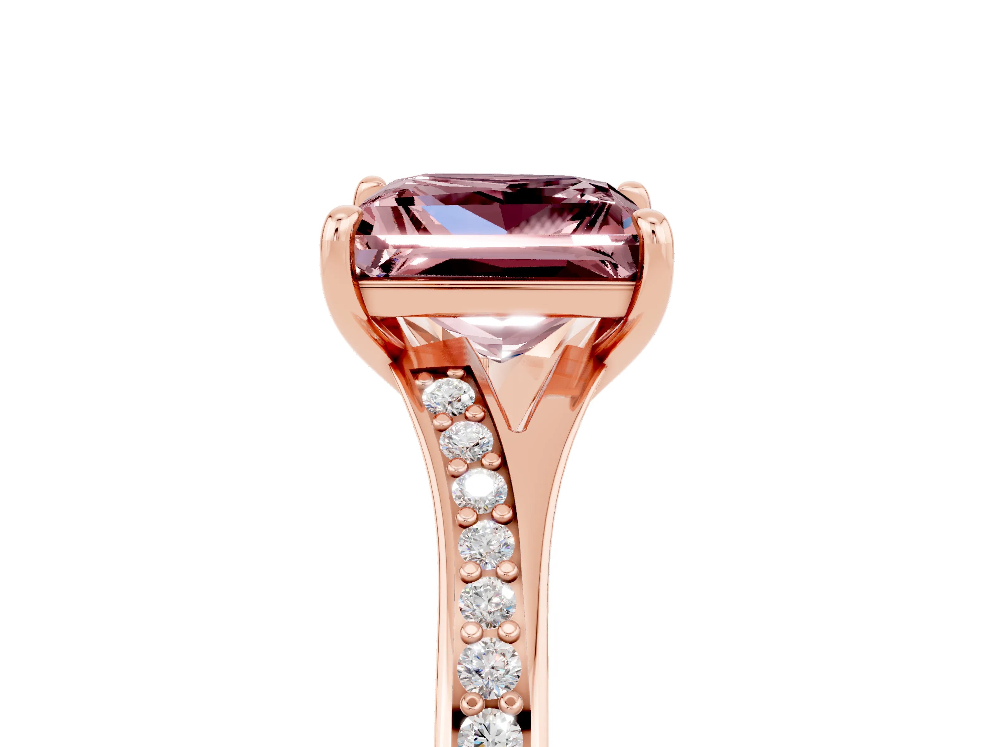 Rose gold Princess Cut Morganite Solitaire Ring with Pavé Band and Prong Setting_5
