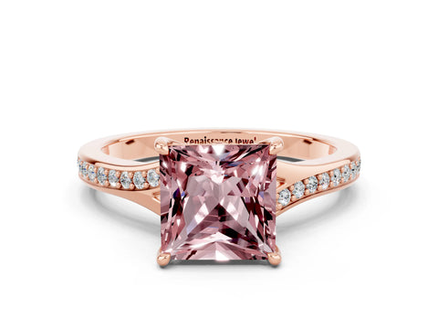 Rose gold Princess Cut Morganite Solitaire Ring with Pavé Band and Prong Setting