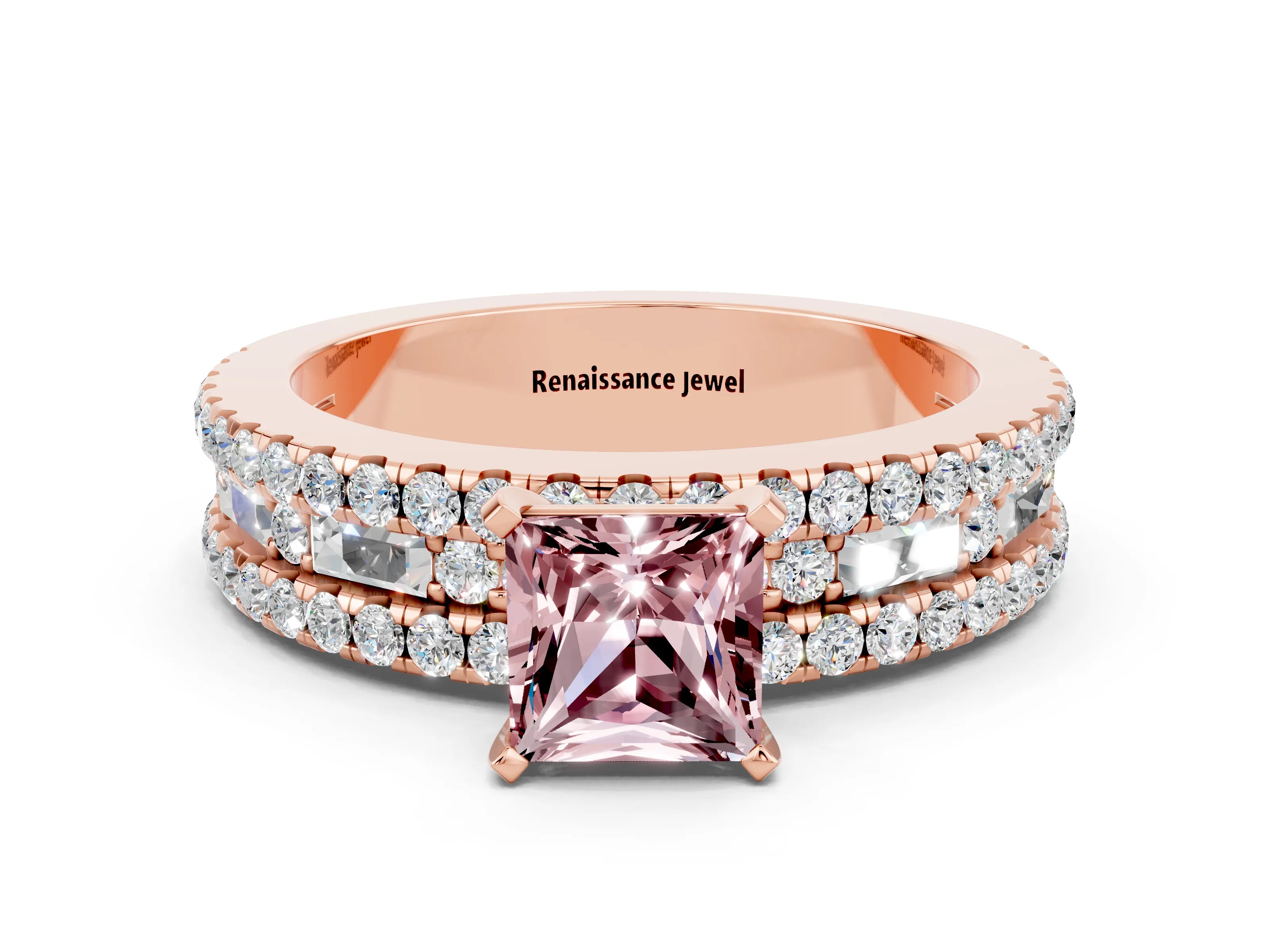Rose gold Princess Cut Morganite Solitaire Ring with Pavé and Channel Set Band