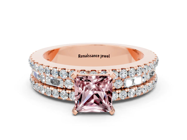 Rose gold Princess Cut Morganite Solitaire Ring with Pavé and Channel Set Band