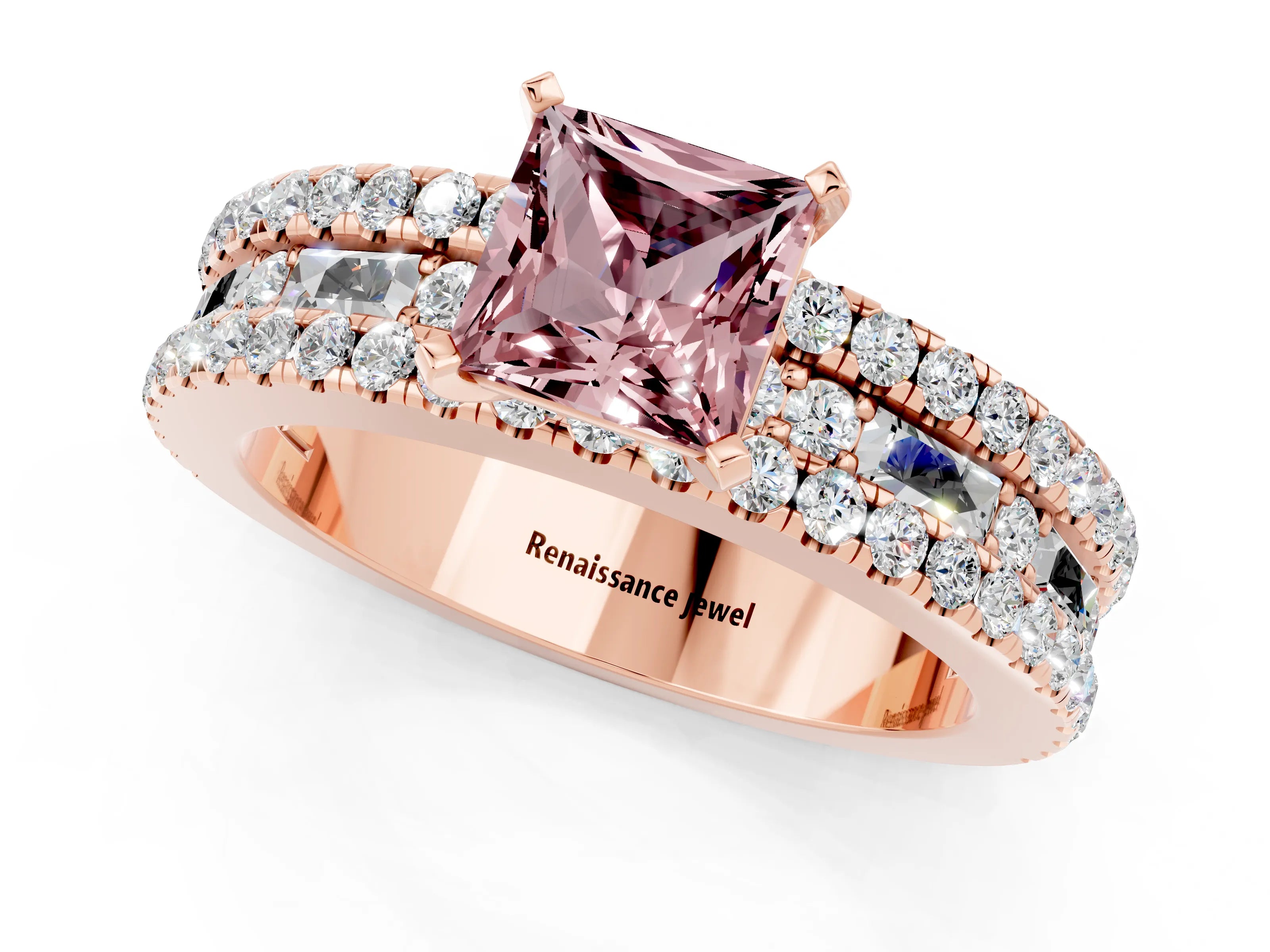 Rose gold Princess Cut Morganite Solitaire Ring with Pavé and Channel Set Band_1