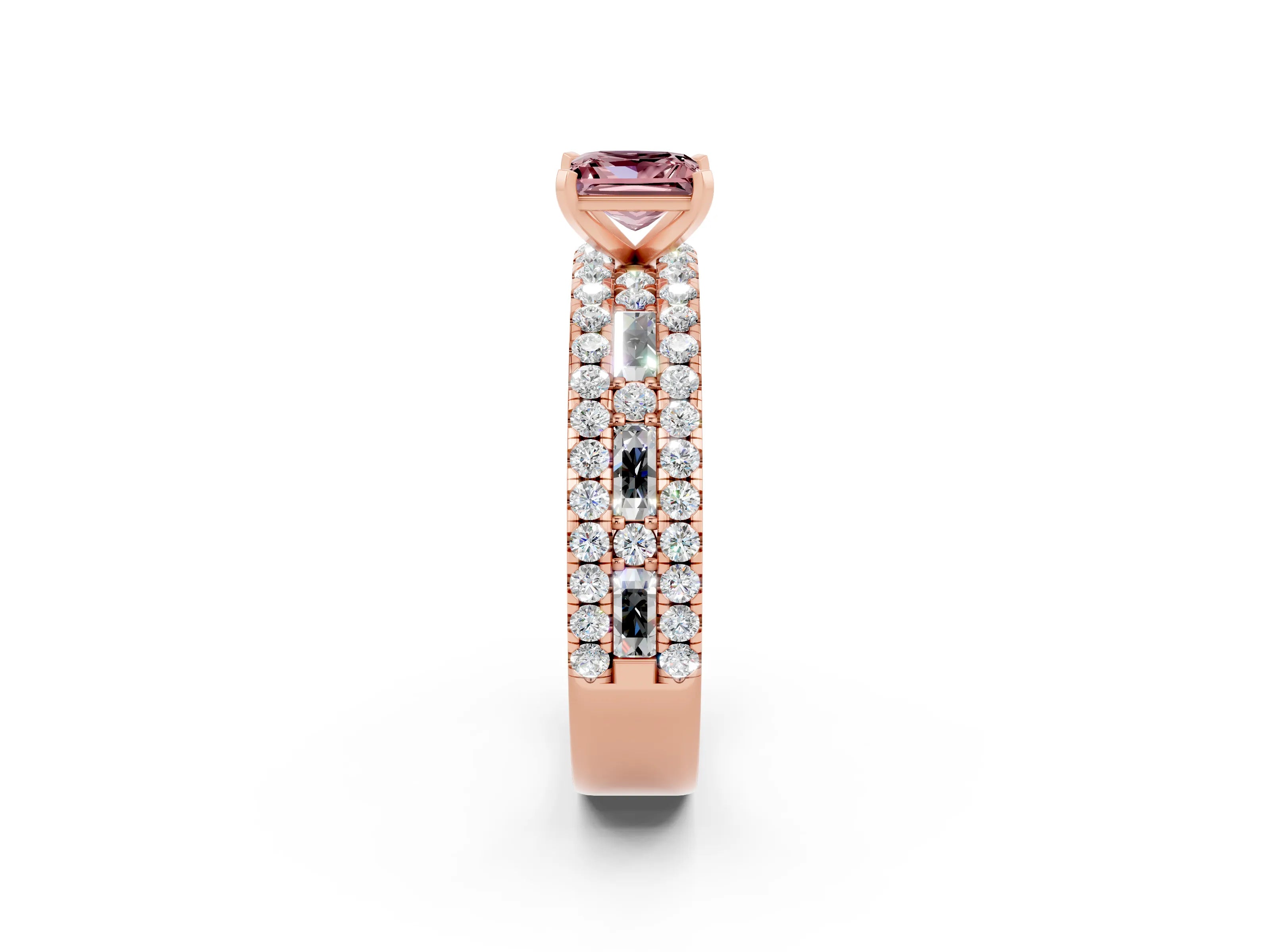 Rose gold Princess Cut Morganite Solitaire Ring with Pavé and Channel Set Band_2