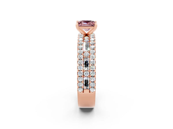 Rose gold Princess Cut Morganite Solitaire Ring with Pavé and Channel Set Band