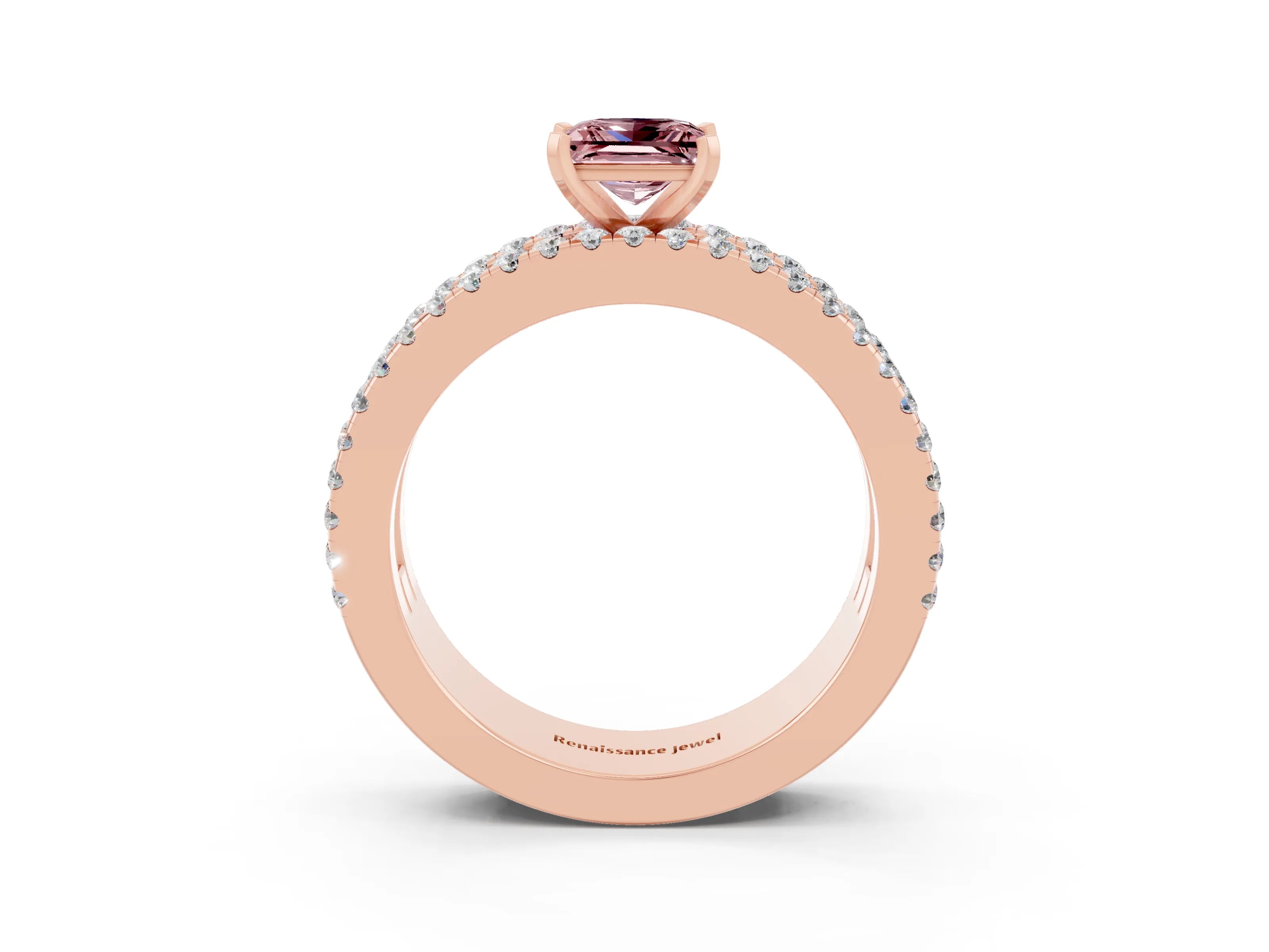 Rose gold Princess Cut Morganite Solitaire Ring with Pavé and Channel Set Band_3