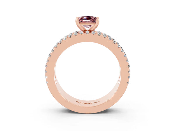 Rose gold Princess Cut Morganite Solitaire Ring with Pavé and Channel Set Band