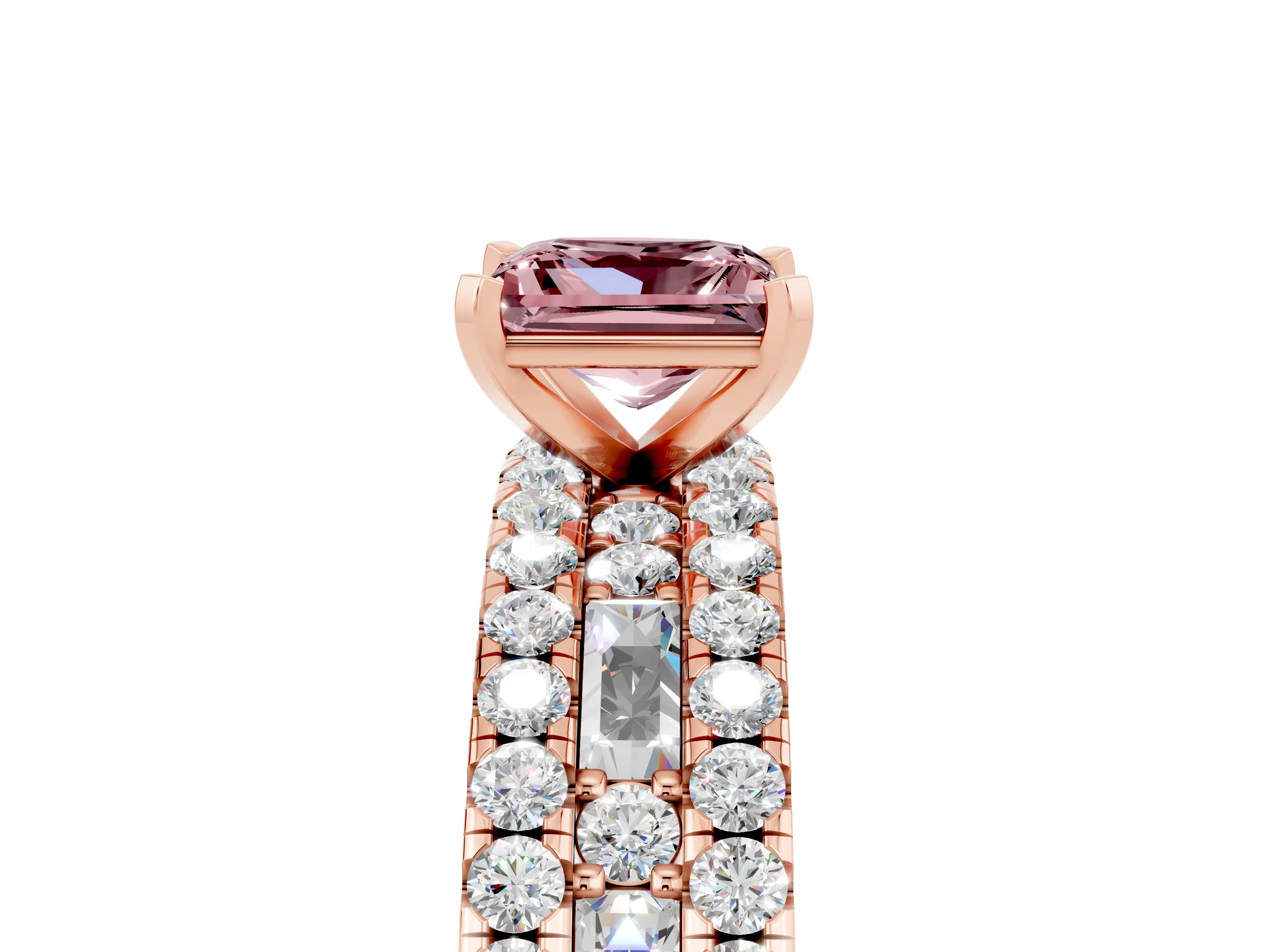 Rose gold Princess Cut Morganite Solitaire Ring with Pavé and Channel Set Band_5
