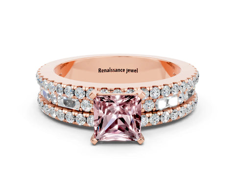 Rose gold Princess Cut Morganite Solitaire Ring with Pavé and Channel Set Band
