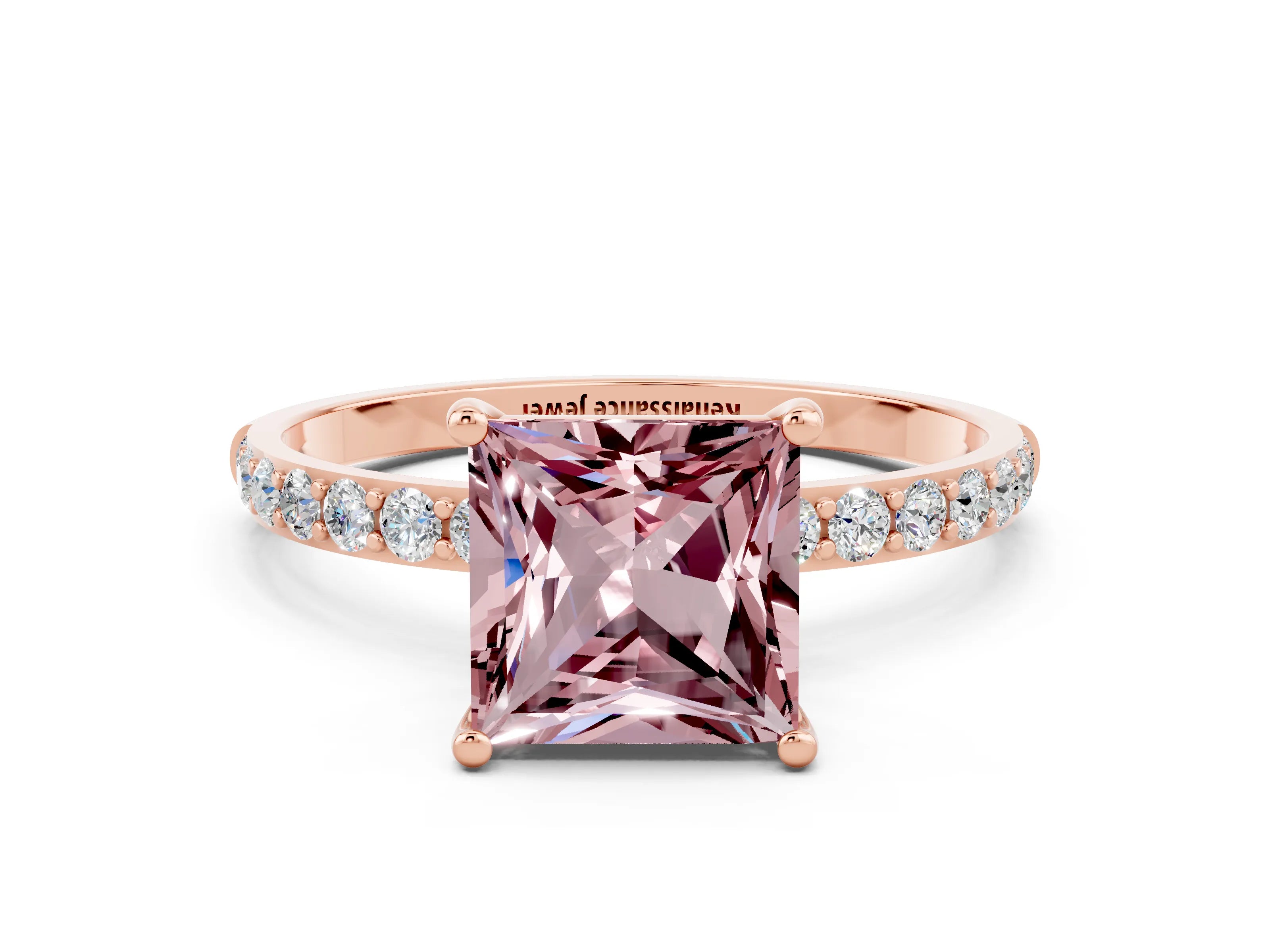 Rose gold Princess Cut Morganite Solitaire Ring with Pave Band and Four Prong Setting_24