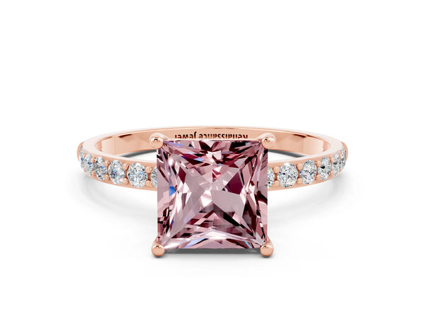 Rose gold Princess Cut Morganite Solitaire Ring with Round  Pavé Band and Prong Setting