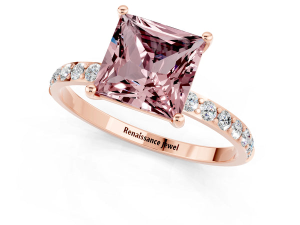 Rose gold Princess Cut Morganite Solitaire Ring with Round  Pavé Band and Prong Setting