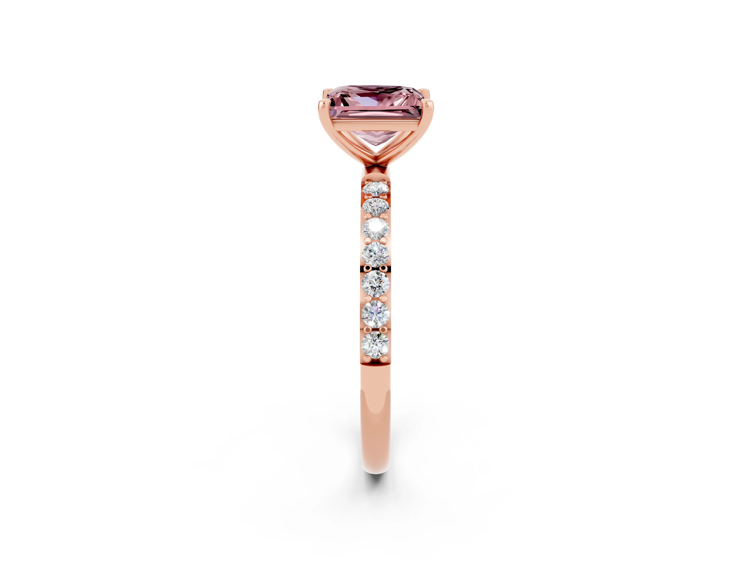 Rose gold Princess Cut Morganite Solitaire Ring with Pave Band and Four Prong Setting_26