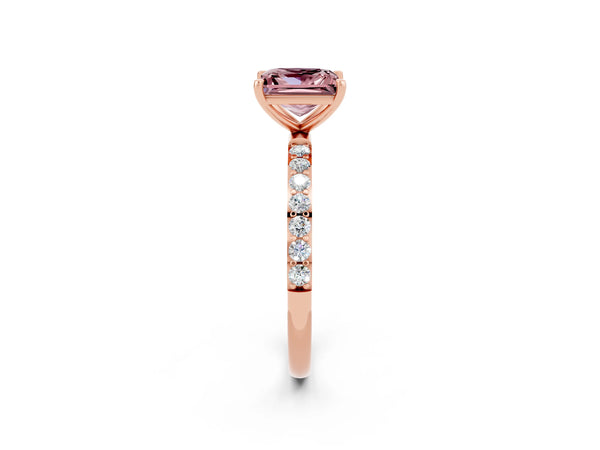 Rose gold Princess Cut Morganite Solitaire Ring with Round  Pavé Band and Prong Setting