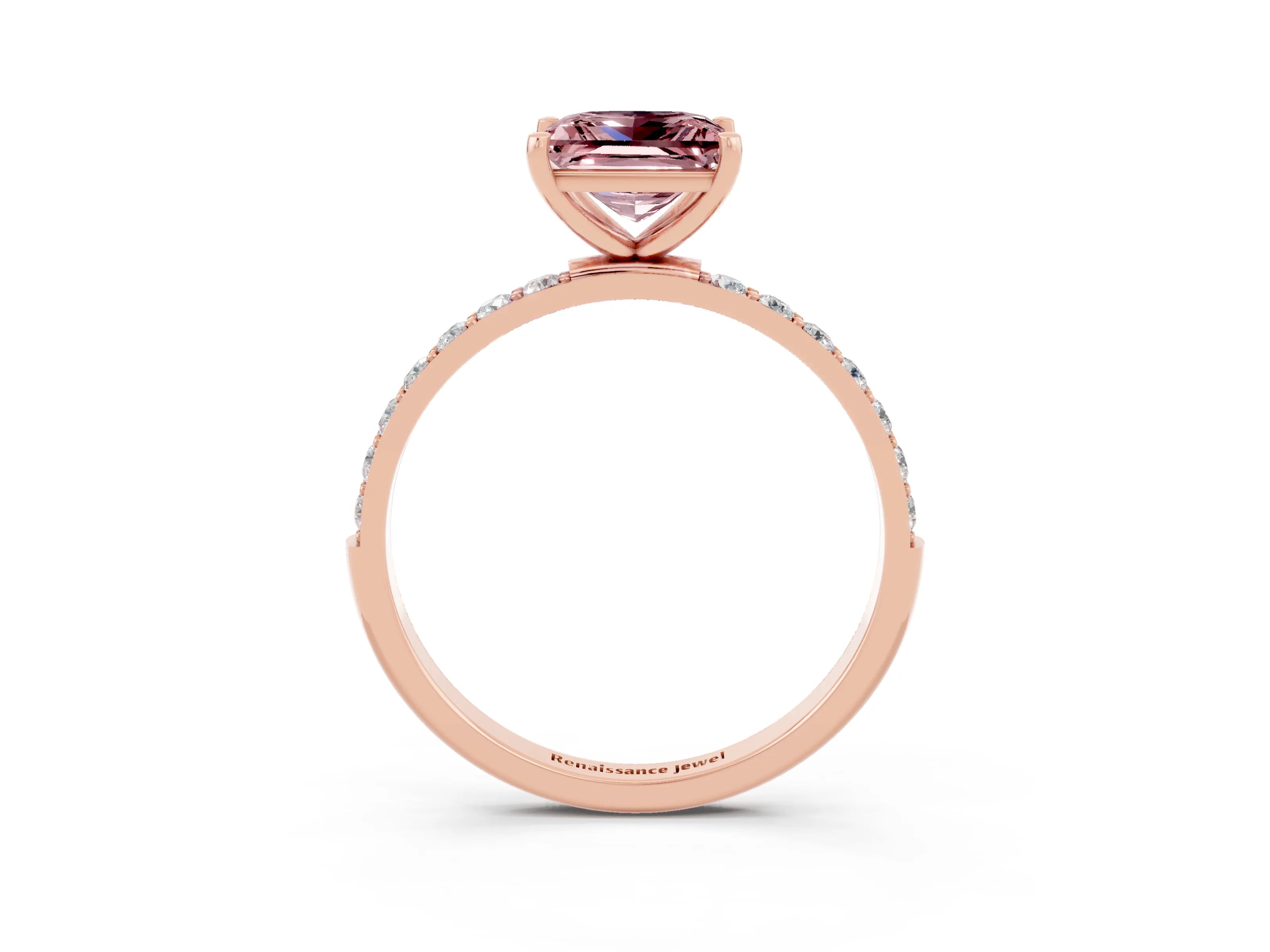 Rose gold Princess Cut Morganite Solitaire Ring with Pave Band and Four Prong Setting_27