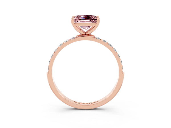 Rose gold Princess Cut Morganite Solitaire Ring with Round  Pavé Band and Prong Setting