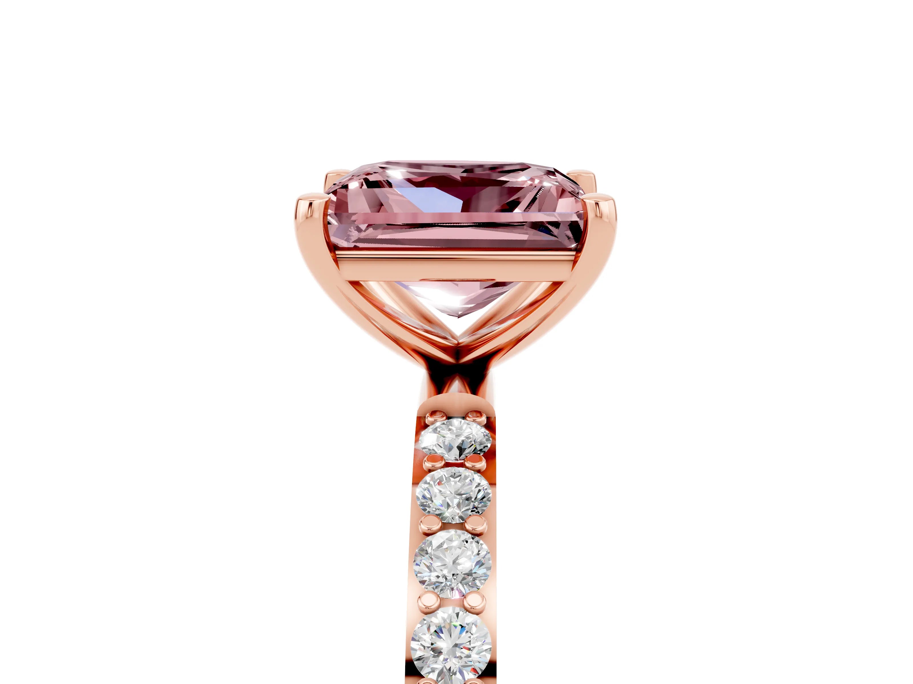 Rose gold Princess Cut Morganite Solitaire Ring with Pave Band and Four Prong Setting_29
