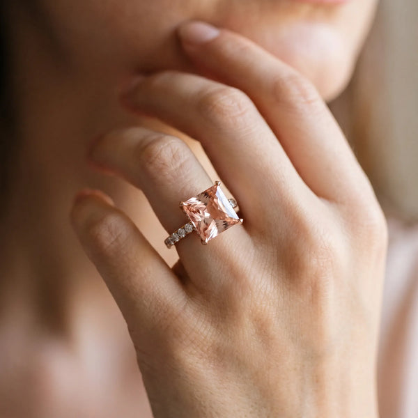 10K Rose Gold Morganite Solitaire Ring with Round Pavé Band and Four-Prong Setting