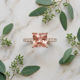 10K Rose Gold Morganite Solitaire Ring with Round Pavé Band and Four-Prong Setting