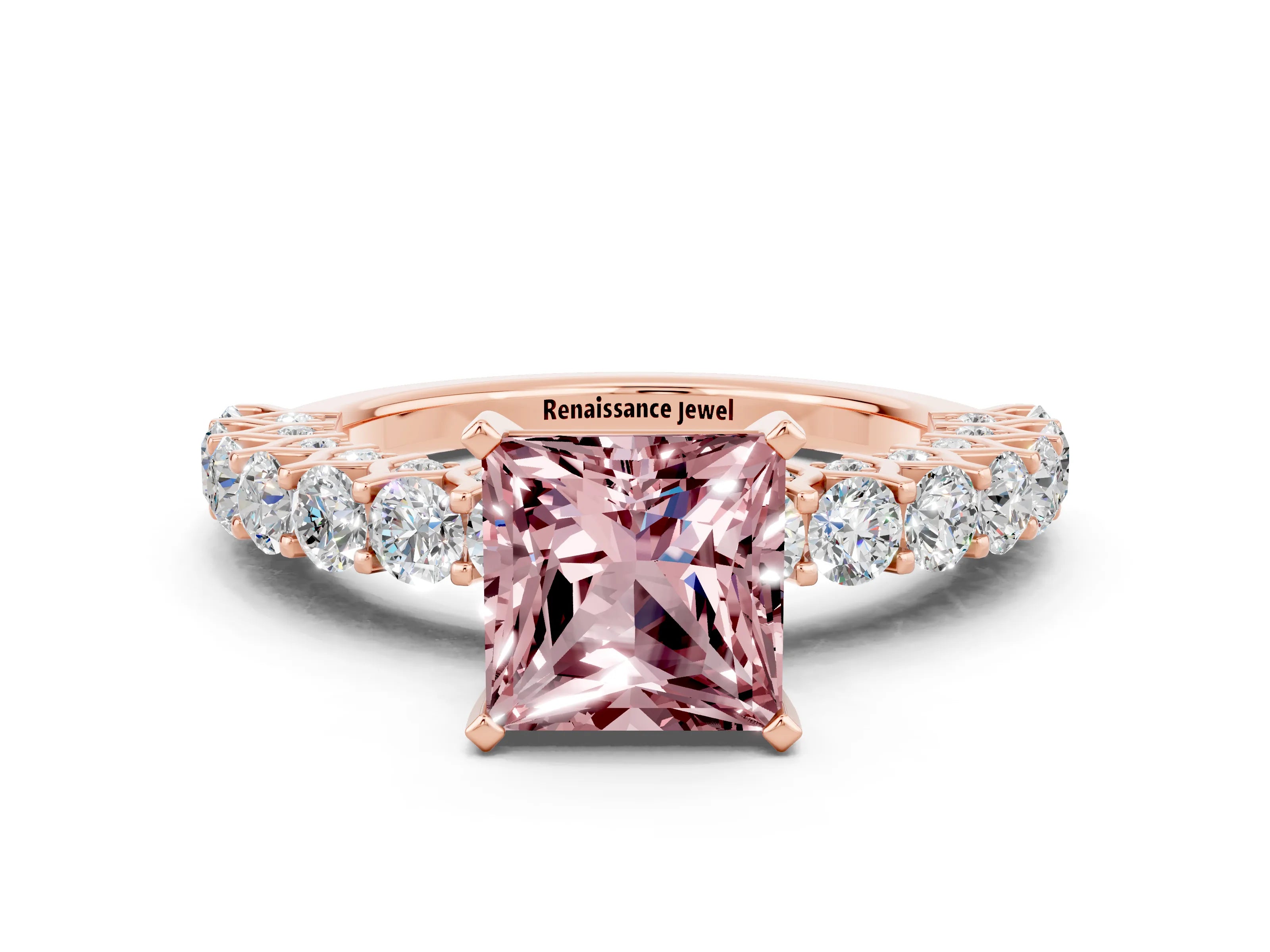 Rose gold Princess Cut Morganite Solitaire Ring with Shared Prong Pavé Band and Four-Prong Setting