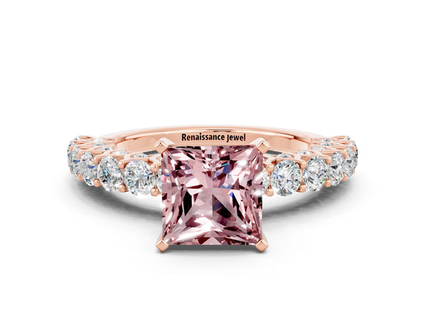 Rose gold Princess Cut Morganite Solitaire Ring with Shared Prong Pavé Band and Four-Prong Setting