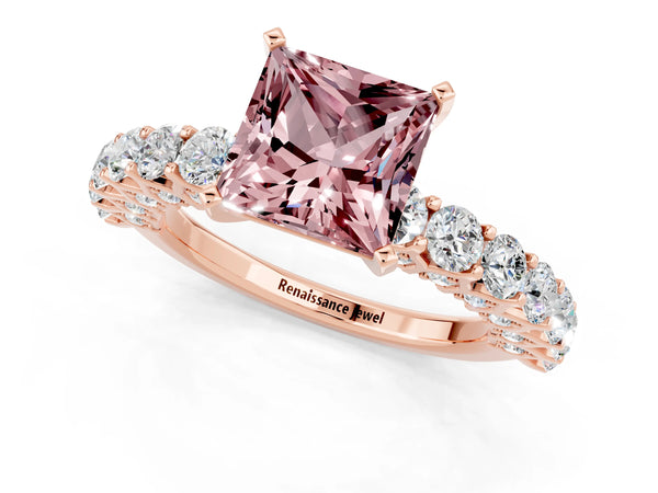 Rose gold Princess Cut Morganite Solitaire Ring with Shared Prong Pavé Band and Four-Prong Setting