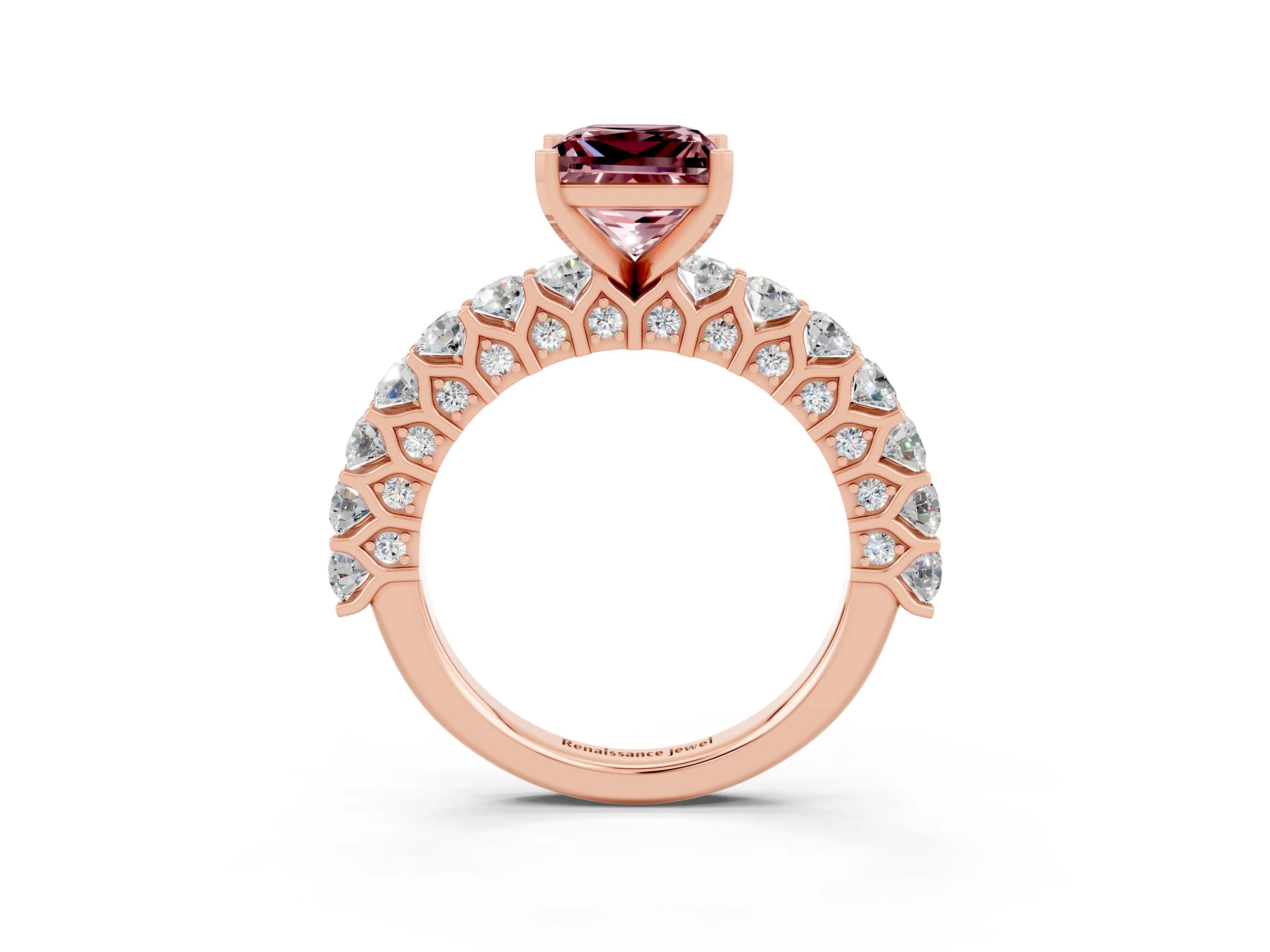 Rose gold Princess Cut Morganite Solitaire Ring with Shared Prong Pavé Band and Four-Prong Setting_3