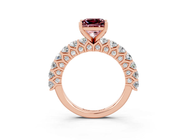 Rose gold Princess Cut Morganite Solitaire Ring with Shared Prong Pavé Band and Four-Prong Setting