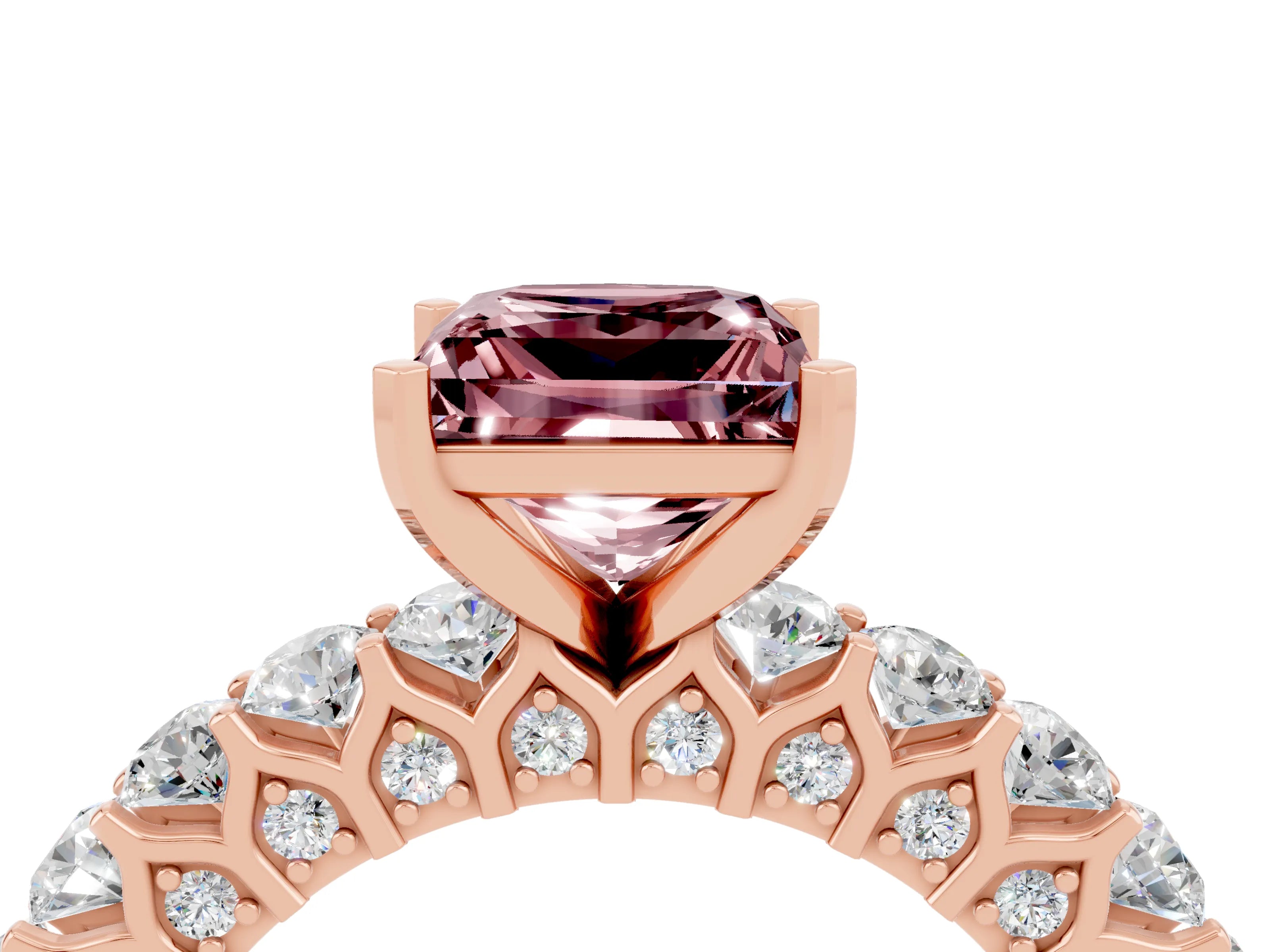 Rose gold Princess Cut Morganite Solitaire Ring with Shared Prong Pavé Band and Four-Prong Setting_4