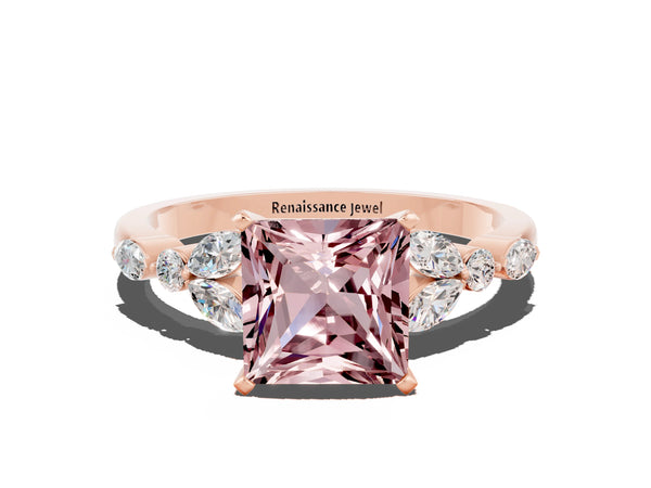 Rose gold Princess Cut Morganite Solitaire Ring with Side Stones and Four-Prong Setting