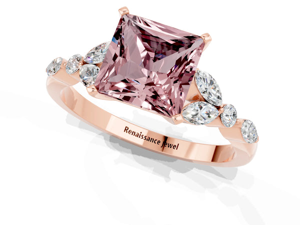 Rose gold Princess Cut Morganite Solitaire Ring with Side Stones and Four-Prong Setting
