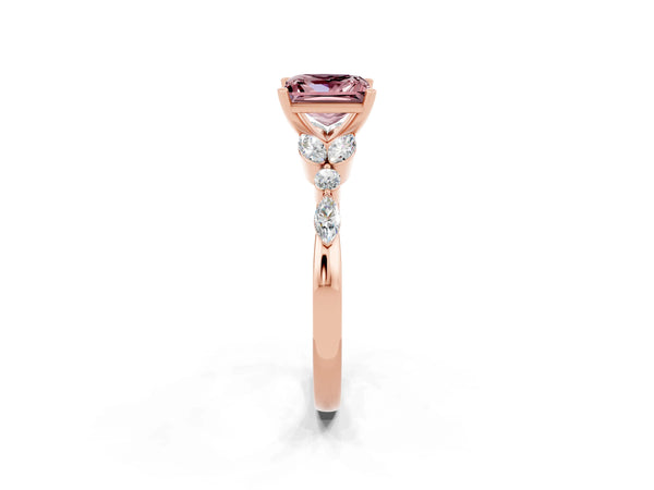 Rose gold Princess Cut Morganite Solitaire Ring with Side Stones and Four-Prong Setting