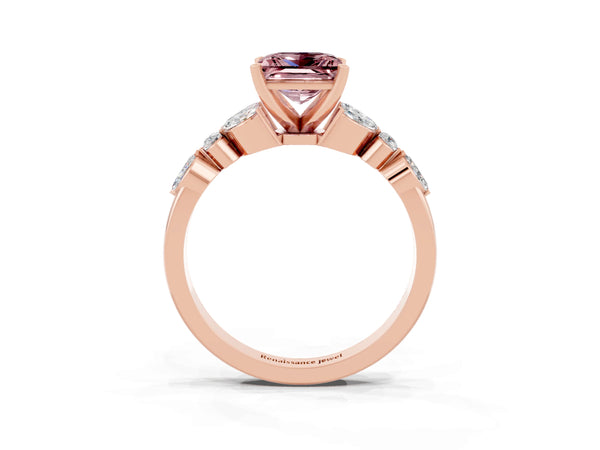 Rose gold Princess Cut Morganite Solitaire Ring with Side Stones and Four-Prong Setting