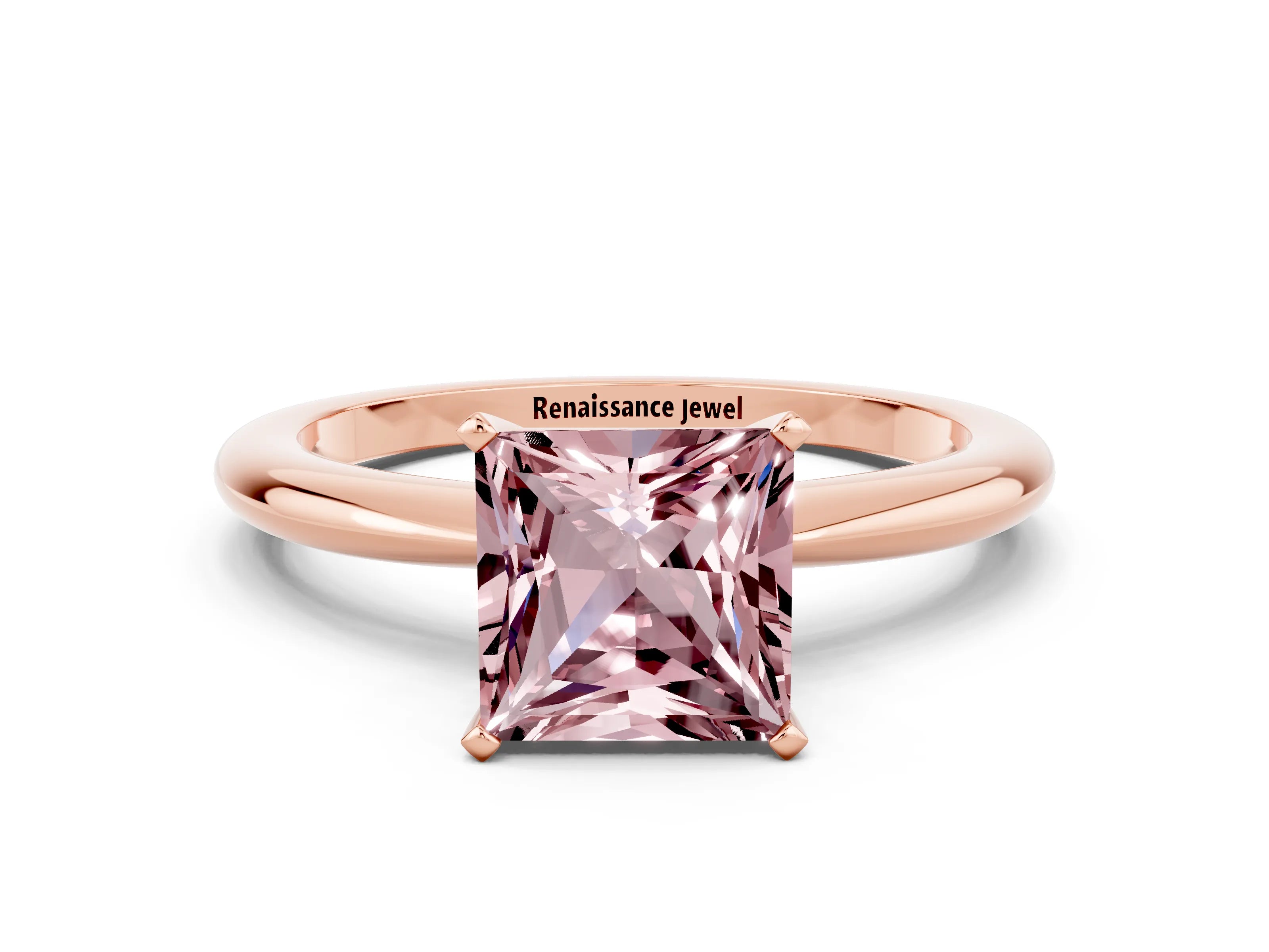 Rose gold Princess Cut Morganite Solitaire Ring with Six-Prong Setting and Classic Band
