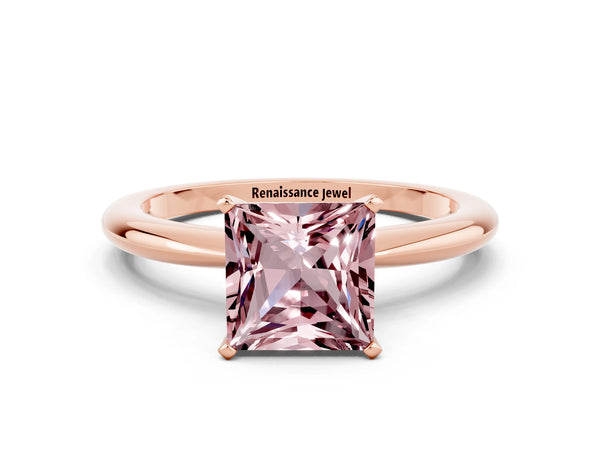 Rose gold Princess Cut Morganite Solitaire Ring with Six-Prong Setting and Classic Band