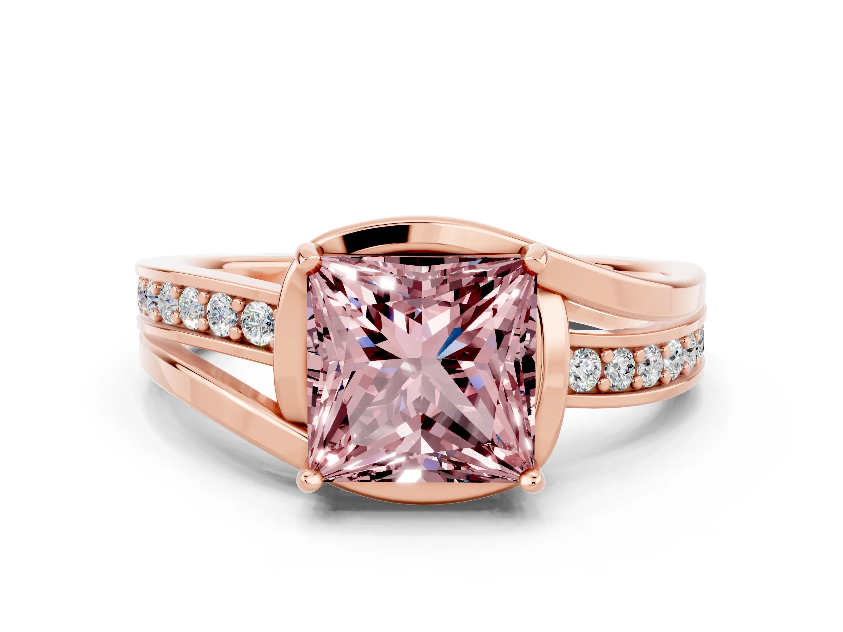 Rose gold Princess Cut Morganite Solitaire Ring with Split Shank and Prong Setting